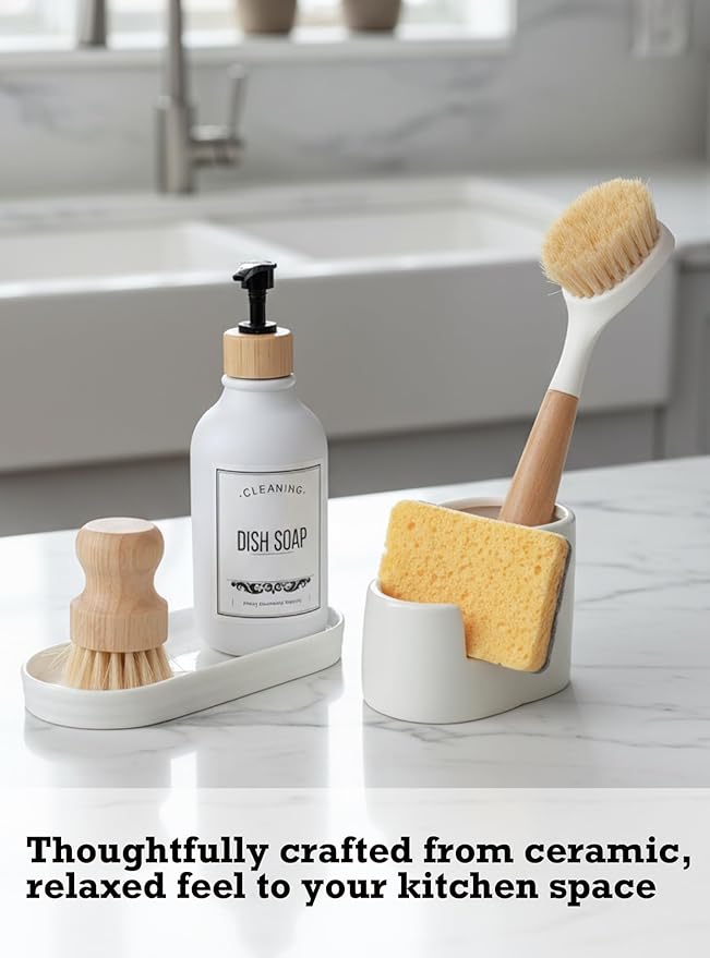 2-in-1 Ceramic Sponge Holder,Dish Sponge and Brush Holder for Kitchen Sink,Bathroom, Keeps Sponges, Brush and Countertop Drying&Hygienic, Dishwasher Safe, Rust-Proof, White