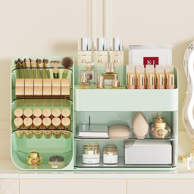 Makeup Organizer with Brush Holder for Vanity,Countertop Makeup Organizer with Drawers,Spacious Cosmetic Display Case,Perfect Storage Solution for Your Beauty Essential (Green, Large)