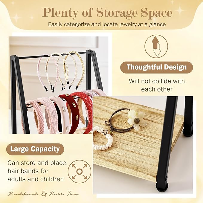 Headband Holder Organizer Metal 2-Tier Display Stand for Selling, Home Bedroom Headband Storage for Girls Women, Headband Stand Wood Base Can Store Hair Ties, Black