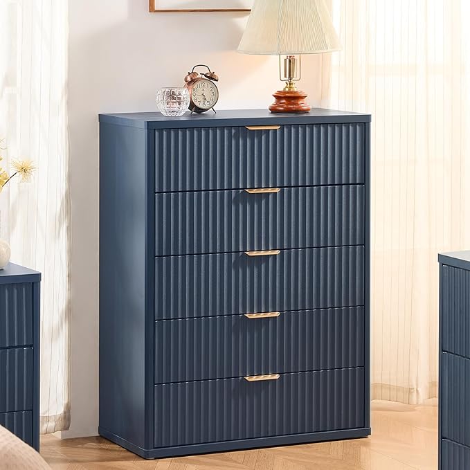 LEYAOYAO Fluted 5 Drawers Dresser for Bedroom Set of 2, 41" Tall Modern Chest of Drawers with Metal Handle, Curved Profile Design,Blue Wood Drawer Organizer for Bedroom, Living Room, Hallway