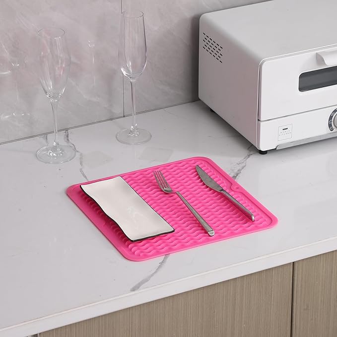 Silicone Dish Drying Mat for Multiple Usage,Easy clean,Eco-friendly,Heat-resistant Silicone Mat for Kitchen Counter or Sink,Refrigerator or Drawer liner Rose M 12 inches x 12 inches