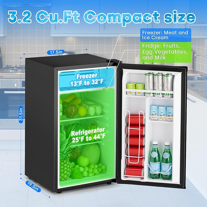 Compact Refrigerator 3.2 Cu.Ft Mini Fridge with Freezer, 7-Temperature Settings Single Door Compact Refrigerator, Adjustable Thermostat & Removable Shelves for Dorm Apartment (1 Door)