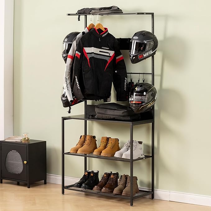 Motorcycle & Sports Helmet Rack & Gear Organizer – Fits 7 Helmets, Jackets, Boots & Gloves – Heavy-Duty Steel + Wood Storage Shelf for Home or Garage