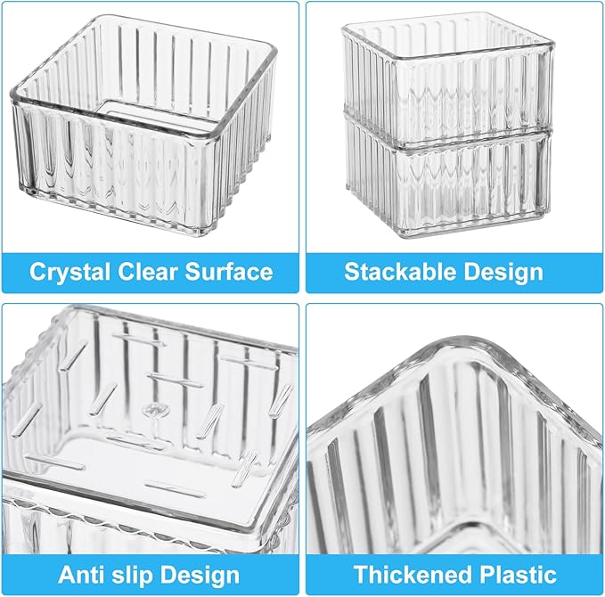 HOTOOLME 14PCS Clear Drawer Organizers Bins, 4 Size Clear Makeup Drawer Organizer, Stackable Vanity Drawer Organiser Trays, Bathroom Drawer Storage for Cosmetics, Office Supply