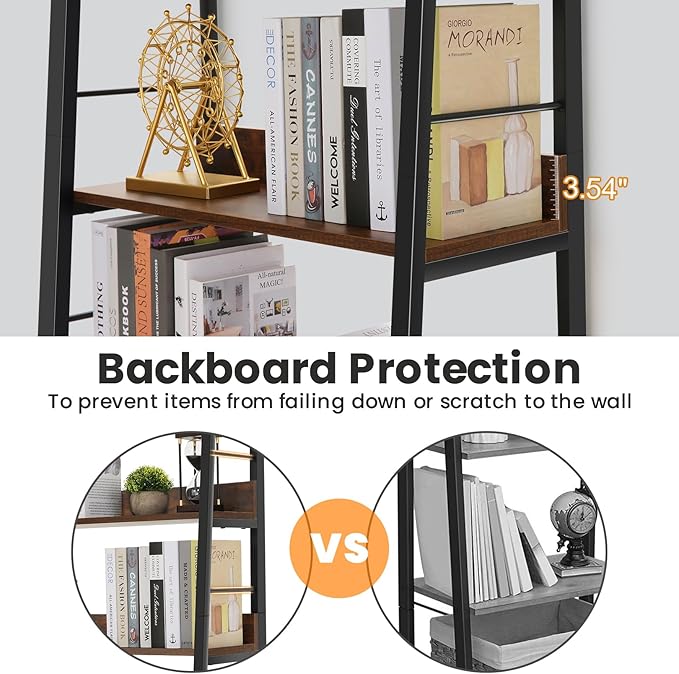 Himimi Bookshelf, Industrial Wood Bookshelves and Bookcases, Ladder Shelf 5 Tier with Metal Frame for Living Room, Bedroom, Kitchen, Home Office, Rustics Brown