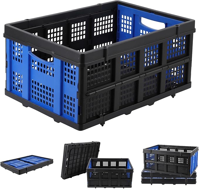 55L Collapsible Crates for Storage,Stackable & Collapsible Milk Crates, Stackable Storage Baskets, Folding Storage Containers for Organizing Tools, Books, Food, Drinks, Camping & Transport