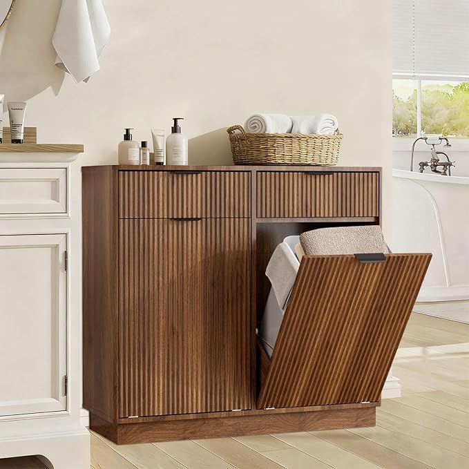 Double Tilt Out Trash Can Cabinet, Laundry Hamper Cabinet with 2 Drawers, Trash Can Holder Cabinet, Wave-Textured Front, 2 × 10 Gallon, Walnut