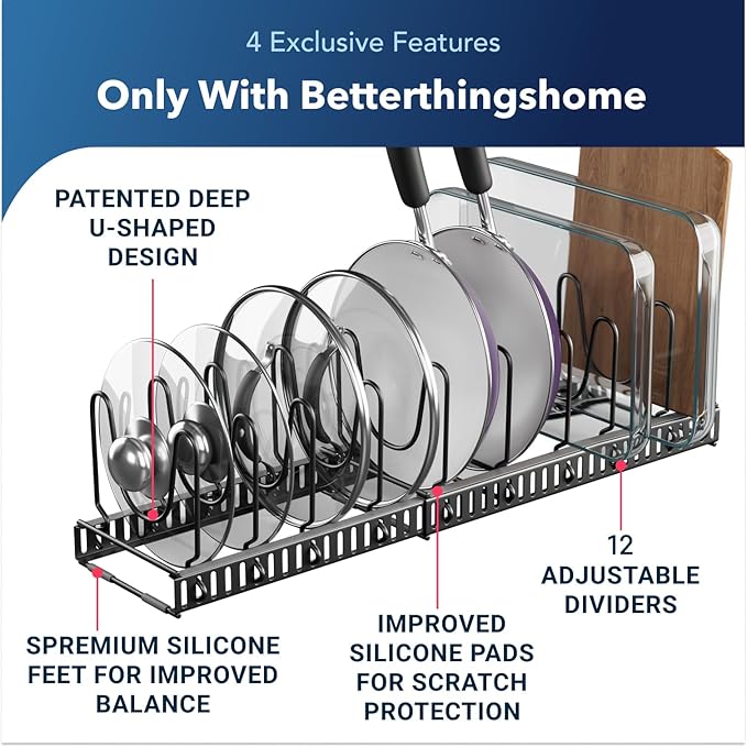 Better Things Home 12+ Expandable Pan and Pot Lid Organizer Rack for Cabinet, Pot Lid Holder Pot Organizers Inside Cabinet, Pots and Pans Organizer Under Cabinet (Dark Grey, LID ORGANIZER)