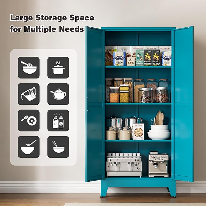 Metal Pantry Cabinet, 61" Tall Kitchen Storage Cabinet with 2 Doors and 3 Adjustable Shelves for Kitchen, Living Room, Dining Room, Bathroom and Home, Office
