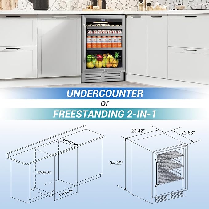 24" Beverage Refrigerator Undercounter | 180 Can Capacity | Built-In Undercounter Cooler | Glass Door for Soda, Water, Beer | Home, Bar, or Office Use