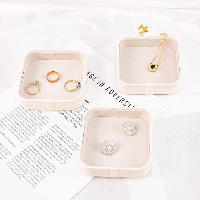 SANQIANWAN Set of 3 Small Stackable Jewelry Organizer Trays Mini Jewelry Drawer Oragnizer Small Jewelry Display Tray for Necklace Bracelet Rings Earrings and Makeup (White)