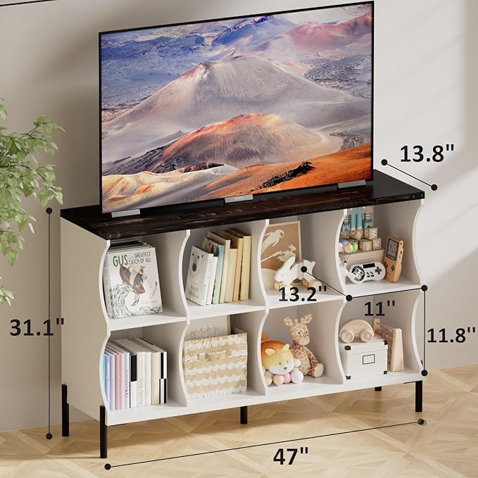 8 Cube Storage Shelf Organizer, Low Book Shelf Bookcase Entryway Table, Wood Closet Storage Display Cabinet TV Stand for Living Room, Office,Bedroom, Dorm, White with Dark Brown Top