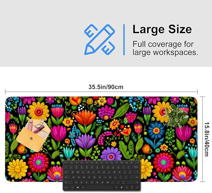 Folk Art Floral Mouse Pad – Large Extended Desk Mat 35.43 x 15.75 in – Colorful Boho Flowers on Black Background, Waterproof Surface, Non-Slip Rubber Base, Oversized Mouse & Keyboard Pad