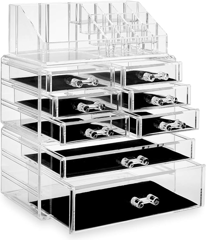 Casafield Acrylic Cosmetic Makeup Organizer & Jewelry Storage Display Case - 3 Piece Drawer Set - Clear