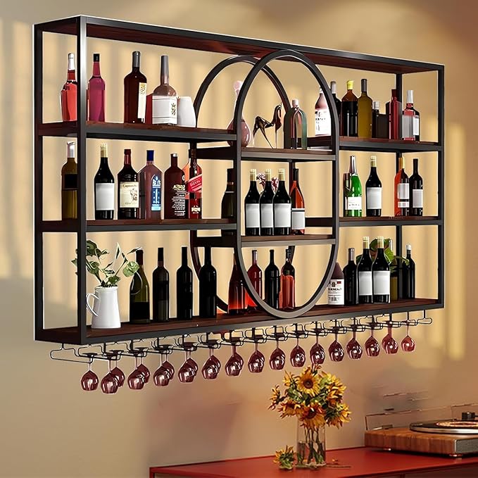 71IN Large Wall Mount Wine Rack, Metal 4 Tier Hanging Bottle Holder with Wine Glass Storage Racks, Modern Floating Wine Shelves for Home Bar Dining Room Decoration(Black)