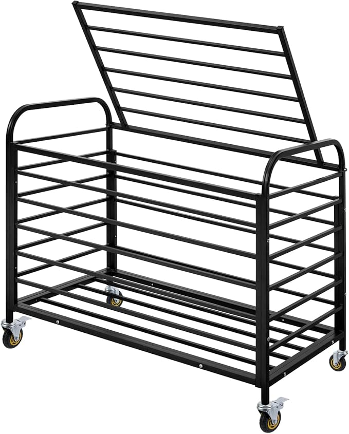 MyGift Professional Black Metal Rolling Sports Ball Storage Cart with Lid