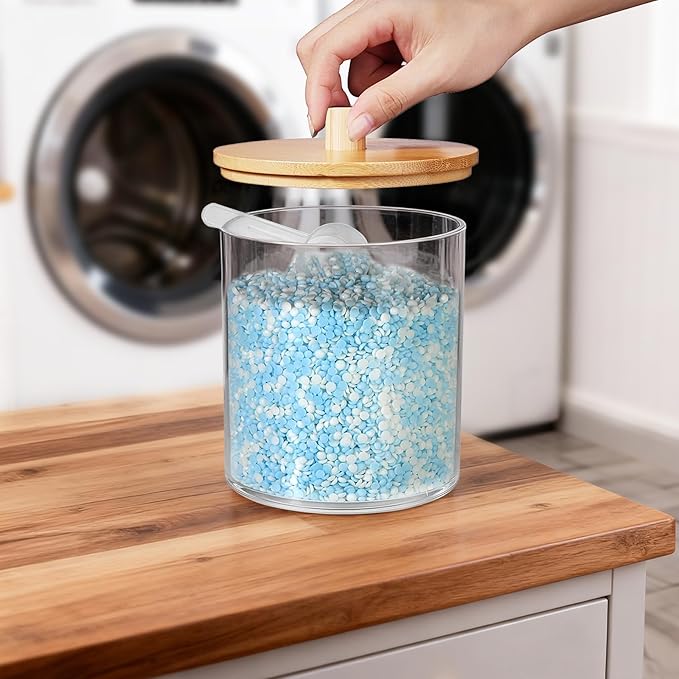 SheeChung 4 Pack 50 Oz Large Apothecary Jar with Bamboo Lid, Laundry Pods Container, Storage Jars for Bathroom Organization, Plastic Canisters with Cute Stickers Spoons(Natural)
