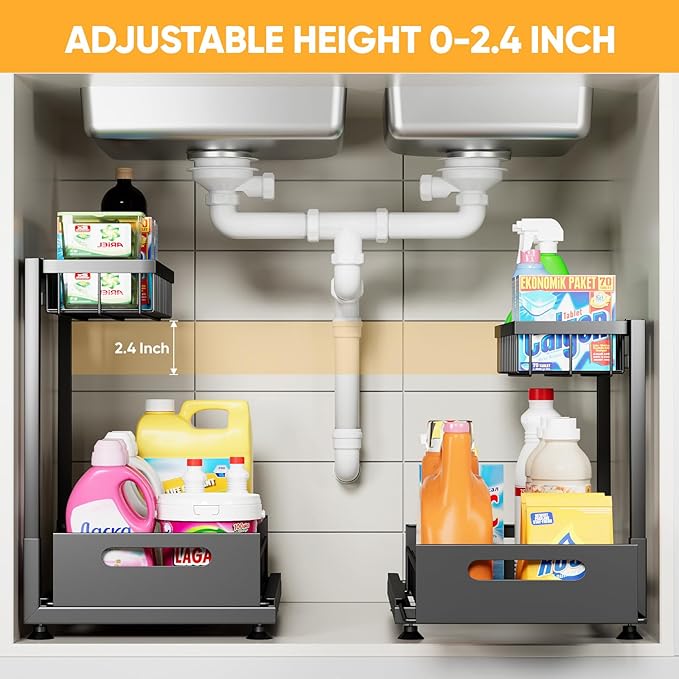 2 Pack Under Sink Organizer Storage 2-Tier Premium Metal Pull-Out Racks, Height Adjustable, Easy Installation | Kitchen & Bathroom Organizers