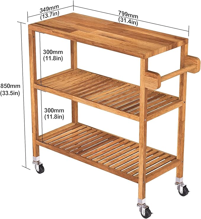 Interbuild 3 Tier Acacia Hardwood Kitchen Cart Portable Rolling Trolley Cart Kitchen Storage Utility Cart with Towel Rack (Golden Teak)