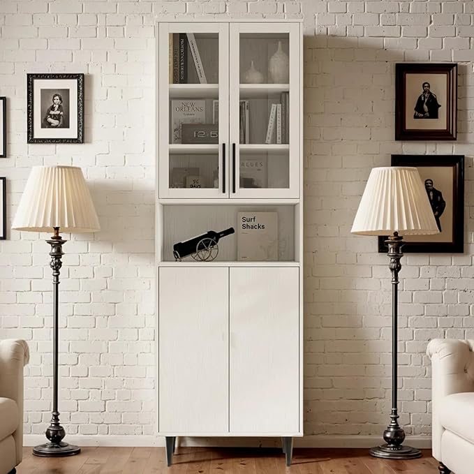 TUSY 70.9“ H Bookcase with Doors, 6-Tier Bookshelf with Open Shelf, Display Curio Cabinet with Glass Door, Narrow Display Bookcase for Home, Office, Clinic, Pantry (White)