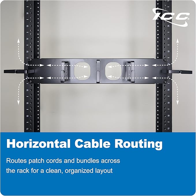 ICC 2U Ring Cable Manager Panel with Cover, Metal, 3" D-Rings, Horizontal and Vertical Cable Management, Rackmount for 19” Network Racks, Black, Single Pack