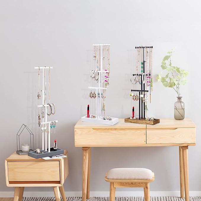 Love-KANKEI Jewelry Tree Stand White Metal and Wood Base Large Storage Jewelry Organizer for Necklaces Bracelets Earrings Holder Organizer Jewelry Display Gift White and White