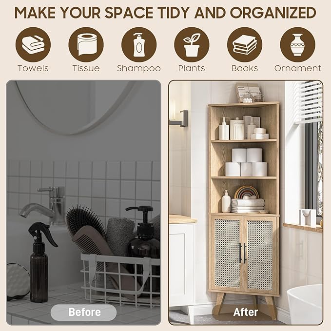 Corner Cabinet with Rattan Doors, Tall Farmhouse Corner Display Shelf with Bottom Storage Cabinet and 3 Adjustable Shelves Home Office Space Saver for Bathroom, Kitchen, Bedroom and Living Room