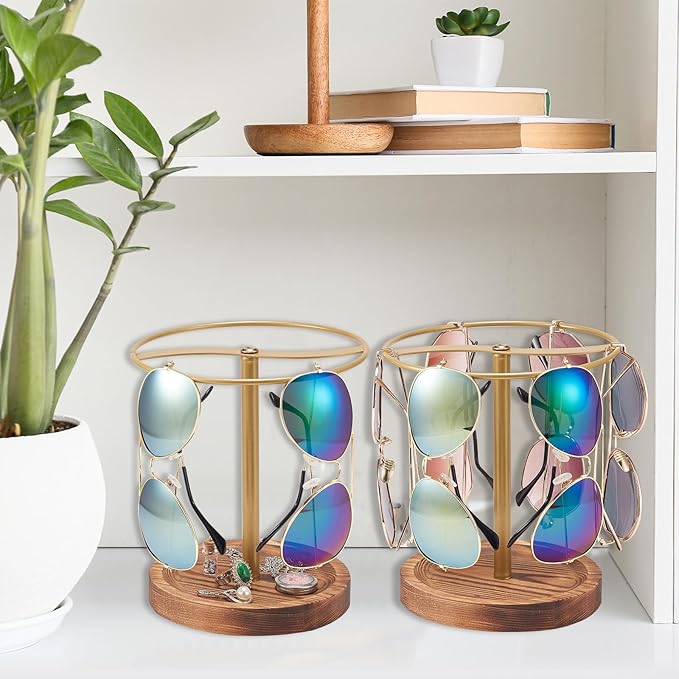 Sunglasses Organizer Wood Glasses Holder Stand, Metal Sunglass Storage Display Rack for 12Pairs Eyeglasses, Eyewear Organizer for Dresser Table Desk Countertop Bedroom (Gold Frame)