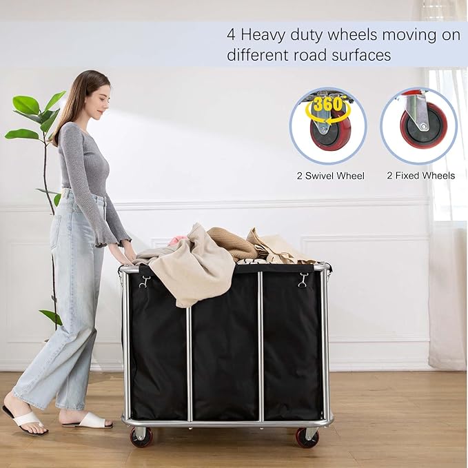 Laundry Cart Commercial Black,11.35 Bushel Large Industrial Rolling Laundry Hamper with 4 Inch Wheels,Household Heavy Duty Laundry Baskets with Stainless Steel Frame, 260 LBS Weight Capacity