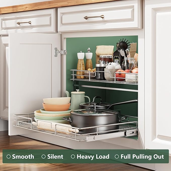 LOVMOR 2 Tier 31½"W x 21½"D, Individual Pull Organizer Kitchen Cabinet Storage Sliding Shelves