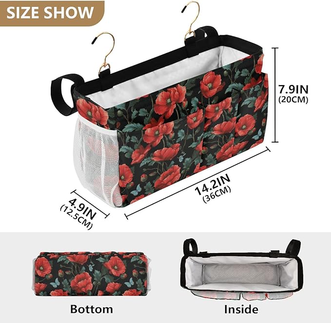 Poppy Butterfly Leaf Bedside Caddy for Dorm Bed Bedside Hanging Caddy Bag Iron Frame Storage Organizer Pocket for Bunk Home College Hospital Beds 2 Hooks