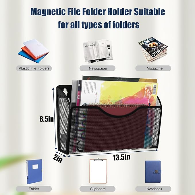Magnetic File Holder 3 Pockets File Folder Organizer, Office Hanging Magazine Rack for File Cabinets, Magnetic Paper Holder, No Drilling Mail Organizer for Refrigerator, Whiteboard, Office, Kitchen