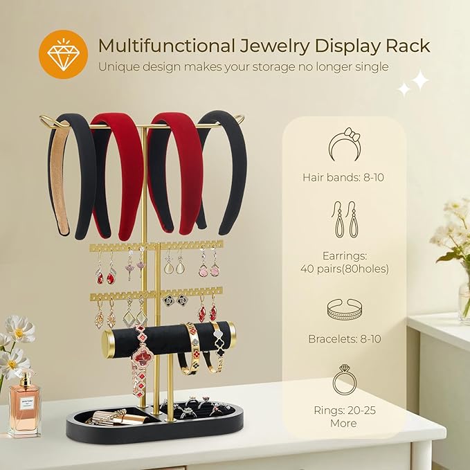 3 Tiers Jewelry Organizer, Earring Holder Organizer with 80 Holes, T-Bar Beige Velvet Bracelet Holder for HeadBands, Earrings, Bracelets, Rings Jewelry Holder Organizer (Black Gold)