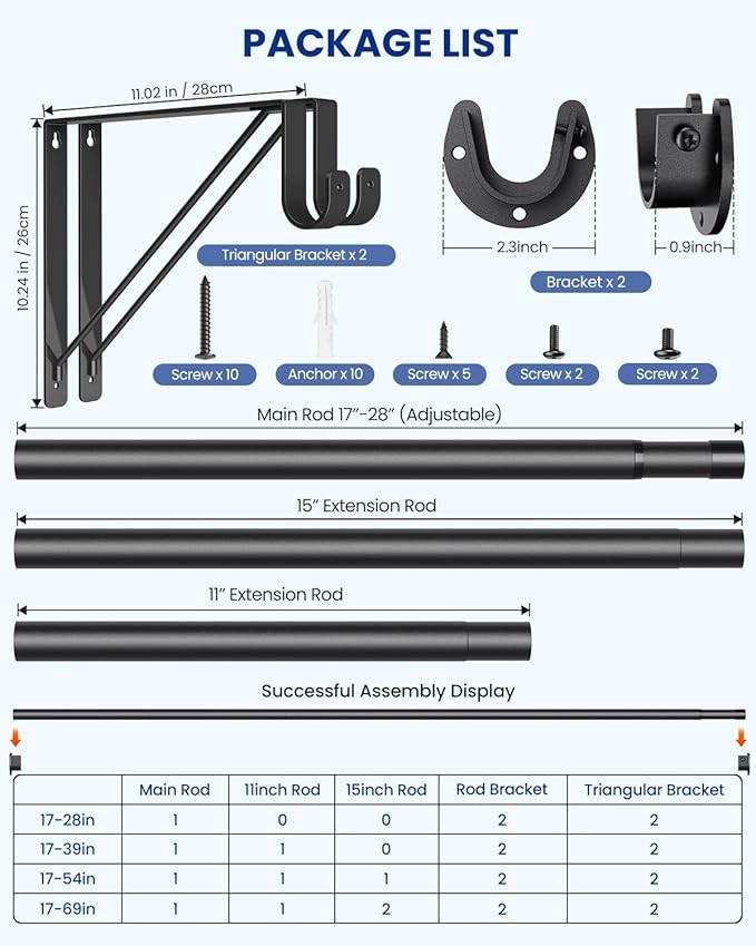 Closet Rods for Hanging Clothes with Triangular Brackets, 17 to 39 Inches Stepless Adjustable Closet Rod, 1.3 Inch Heavy Duty Closet Rod for Closet Wardrobe Laundry RV (Without Board/Black)