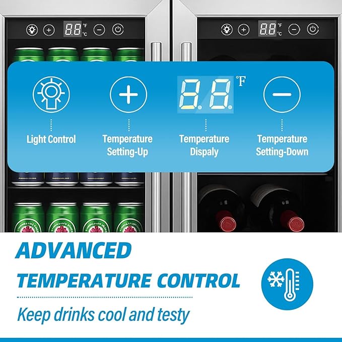 Wine and Beverage Refrigerator, Dual Zone Beverage Cooler Under Counter with Glass Door&LED Light, 42 Bottles and 176 Cans Large Capacity for Beer Soda Drink, Built-In or Freestanding Fridge