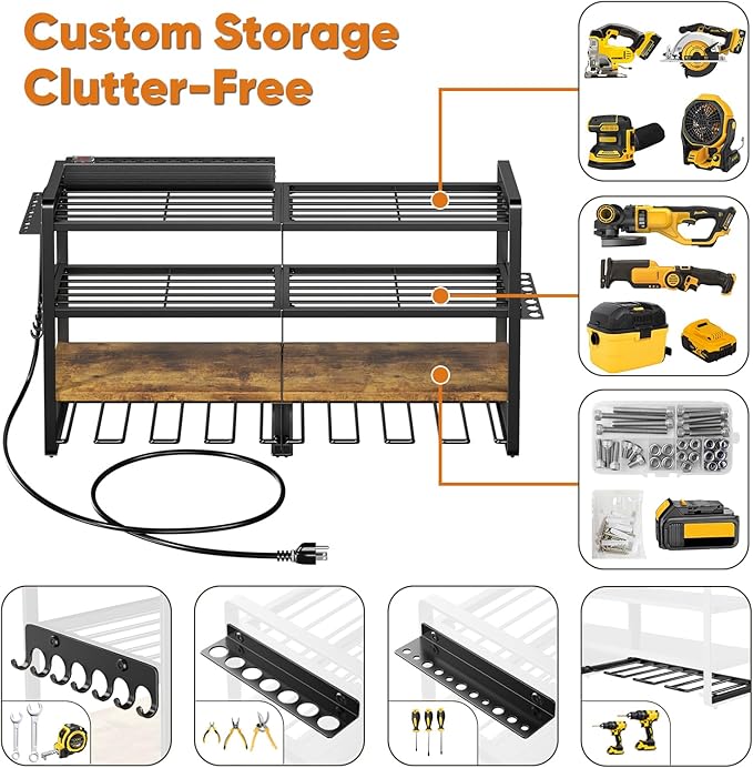 Large Power Tool Organizer with 8 Outlet Charging Station, Loads 600lbs, 4 Layer Heavy Duty Utility Rack Holds 8 Cordless Drills, Wall Mount Tool Battery Garage Storage Shelf, Gift for Men