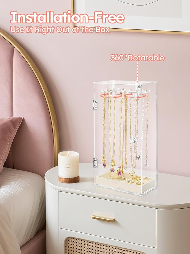Cirhy Necklace Holder, Acrylic Necklace Organizer with 24 Rotating Hooks, Dust-Proof Jewelry Display Case for Necklaces, Pendants, Earrings, Rings, Enclosed Clear Storage Stand with Velvet Lined Tray