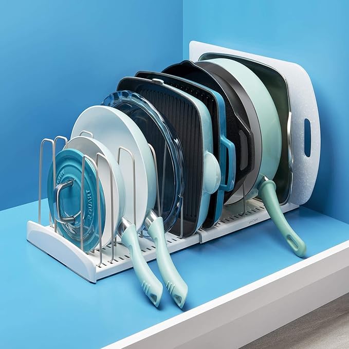 YouCopia StoreMore Expandable Cookware Rack with Tall Steel Wires, 12.5"-22" Wide Adjustable Pan Organizer for Kitchen Cabinet Storage, Classic Edition