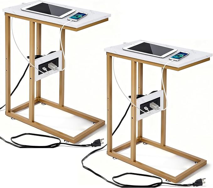 VECELO C Shaped End Side Table with Charging Station & Power Outlets for Couch Sofa/Bed, Snack TV Tray with Metal Frame for Living Room Bedroom 2 PCS, Gold