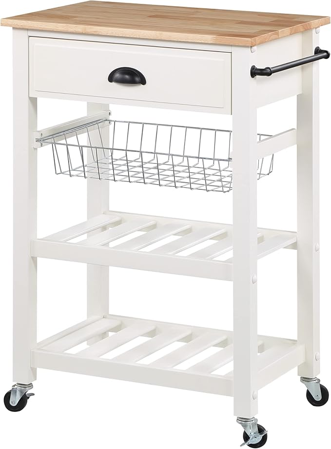 OSP Home Furnishings Hampton Kitchen Cart with Wood Top, Utensil Drawer, Under Cabinet Basket, and 2 Slatted Shelves, White Base