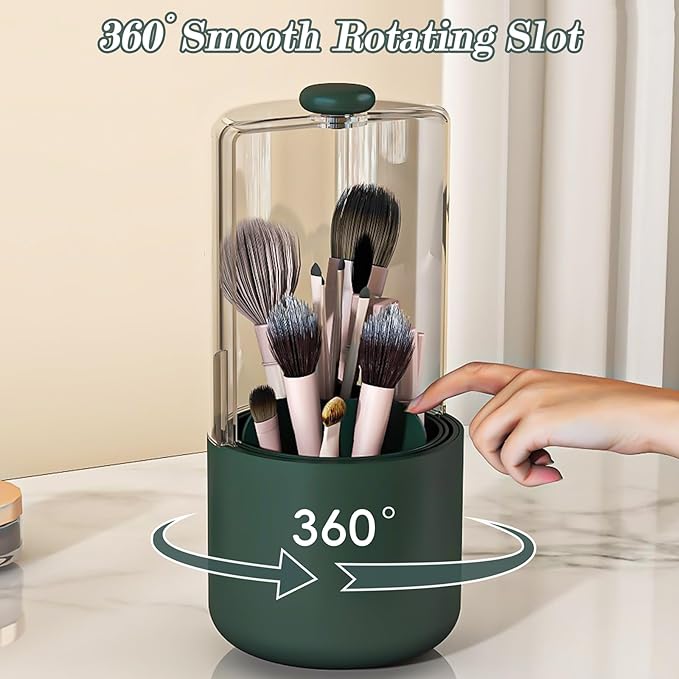 Makeup Brush Holder with Dustproof Cover, Clear 360 Rotating Make Up Brushes Organizer for Counter Vanity Bathroom, Olive Green