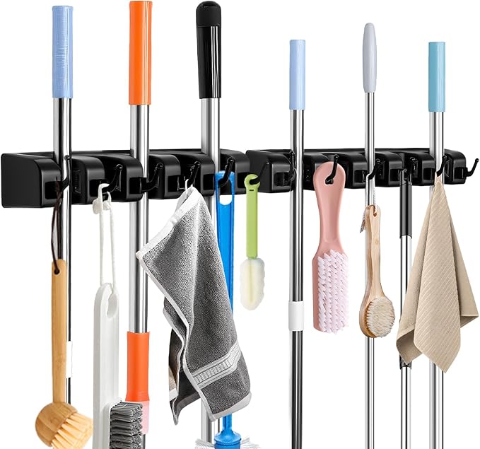 Broom and Mop Holder, Wall Mounted Organizer Mop and Broom Storage Tool Rack with 5 Ball Slots and 6 Hooks (2Pack)