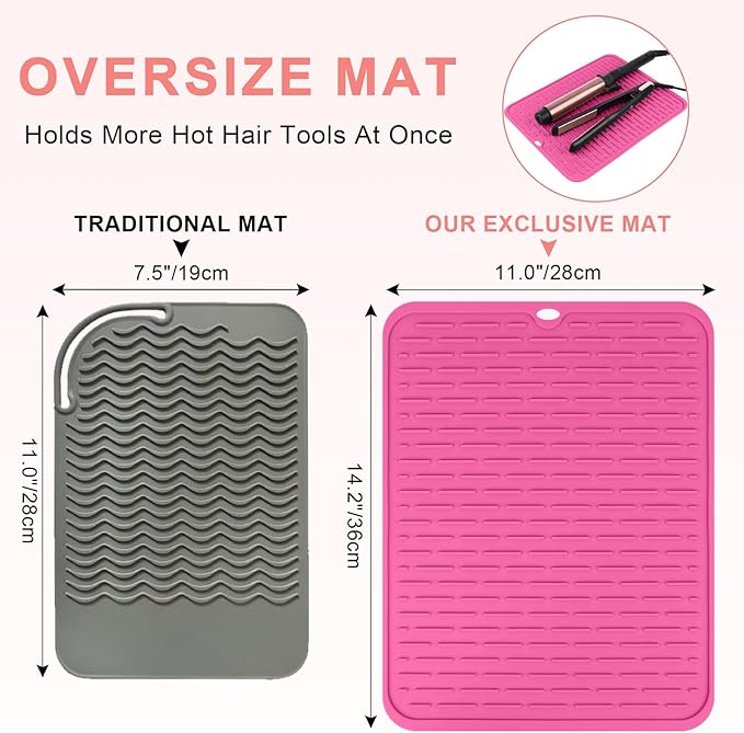 Oversize Silicone Heat Resistant Mat for Curling Irons, Flat Irons, Hair Straighteners and Hot Hair Styling Tools, Portable Hot Tools Sleeve Pad for Travel Vanity Salon(14.2" x 11.0")