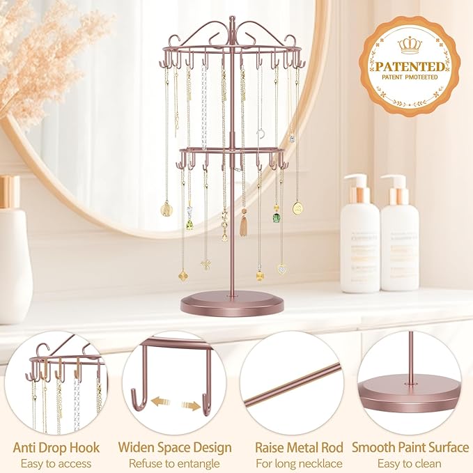 MODOWEY Rotating Necklace Holder Organizer Display Stand with 42 Hooks, 2 Tier Adjustable Metal Tree for Long Necklace Hanger, Tall Spinning Bracelet Storage Rack for Men Women, Rose gold