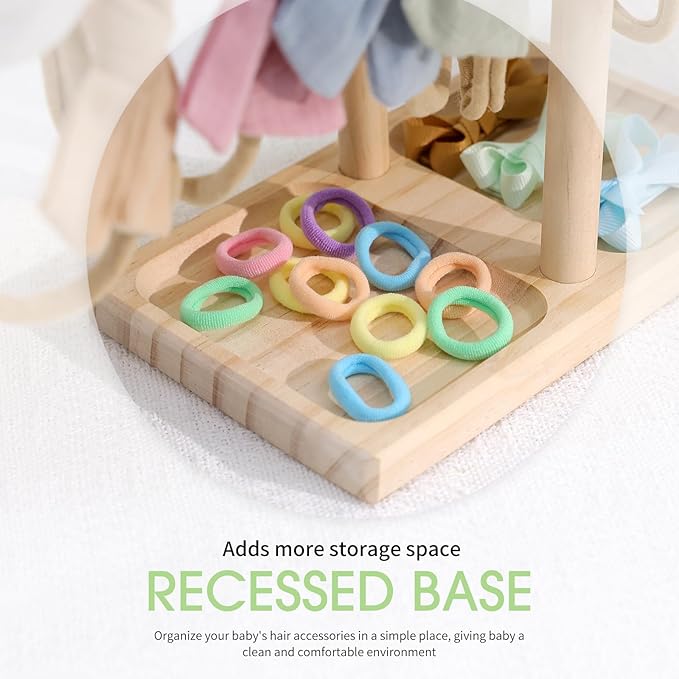 POVETIRE Headband Holder Stand Storage for Baby, 2 Tier Wooden Bow Organizer for Girls Hair Bows, Infant Hair Accessories Rack Display for Nursery Decor