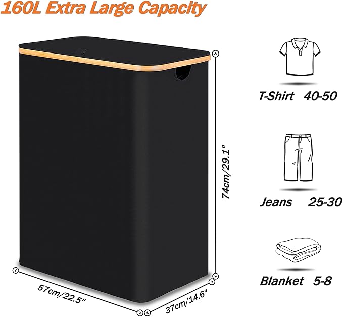 efluky Laundry Hamper with Lid, Trio Laundry Hamper with 3 Removable Bags, 3 Section Laundry Basket with Bamboo Handles for Bathroom, Bedroom & Laundry Room, 160L Black