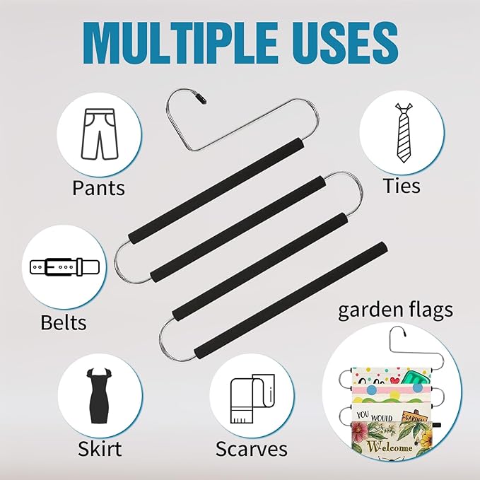 Multiple Space Saving Non Slip Foam Padded Pants Hangers 4 Tier Steel Open Ended No Creases Tiered Black 3 Pack
