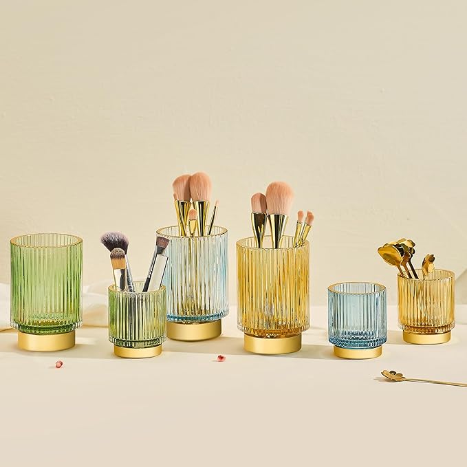 Makeup Brush Organizer, Toothbrush Holder, Desk Pen Pencil Holder, Multifunctional Vintage Glass Brush Cup (S/Green/A3-11-US)