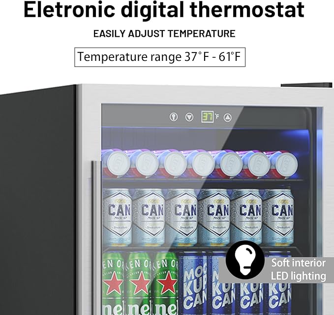 145 Can Mini Fridge - 4.5 Cu.Ft Beverage Refrigerator with Reversible Glass Door for Soda Wine Beer, Adjustable Temperature Control for Home Office Bar, Silvery(40-61 ℉)