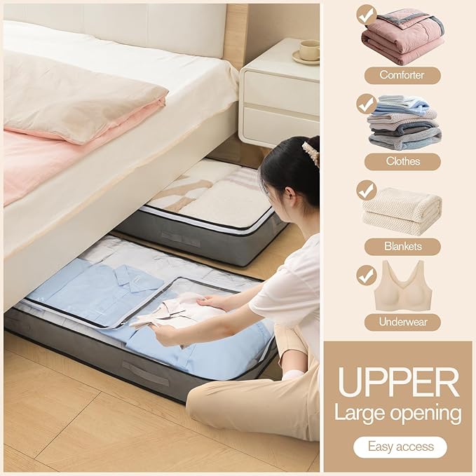 90L Under Bed Storage Containers, Closet Organizers and Storage Bins, Foldable Underbed Storage Bags for Blanket, Clothing, Comforter, Sweaters, Pillows, Linen Sheets, Wrapping Paper, grey